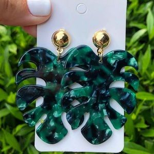 New Jade Green & Black Acrylic Palm Leave Earrings